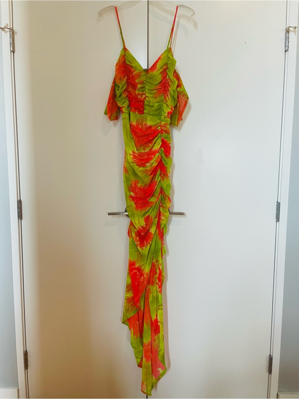 Vibrant Lime & Coral Ruched Slip Dress